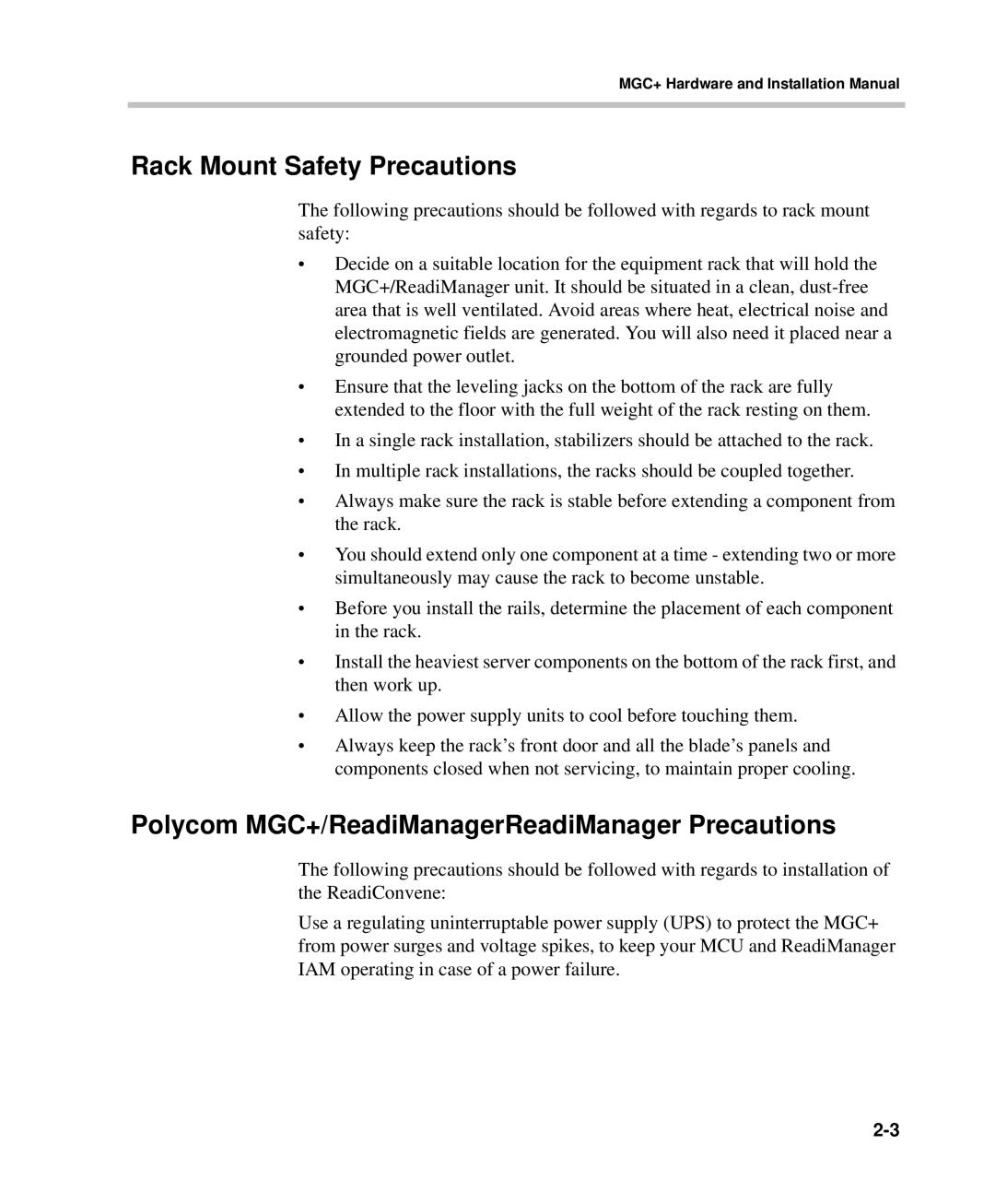 Polycom DOC2238A manual Rack Mount Safety Precautions, Polycom MGC+/ReadiManagerReadiManager Precautions 