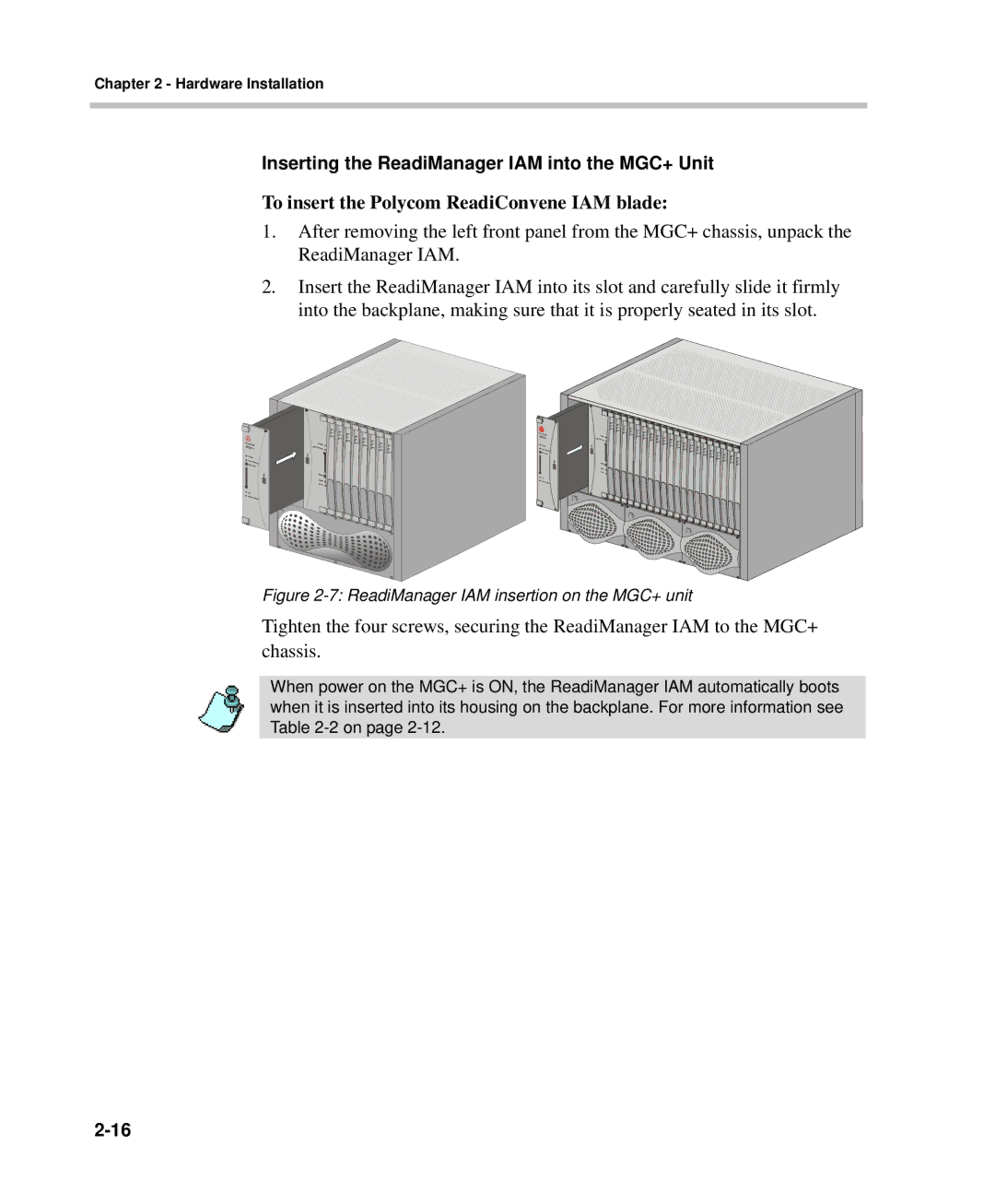 Polycom DOC2238A manual To insert the Polycom ReadiConvene IAM blade, Inserting the ReadiManager IAM into the MGC+ Unit 