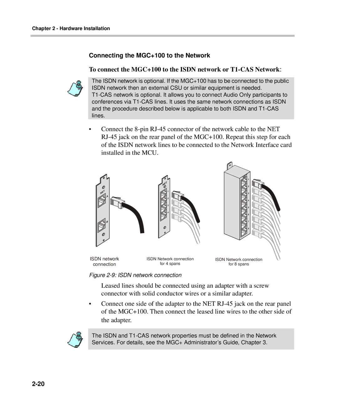 Polycom DOC2238A manual To connect the MGC+100 to the Isdn network or T1-CAS Network, Connecting the MGC+100 to the Network 