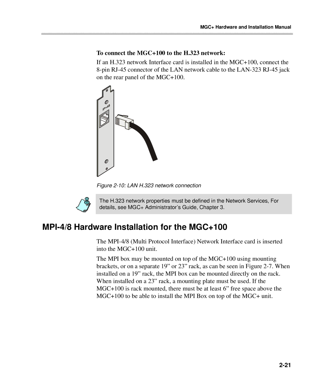 Polycom DOC2238A manual MPI-4/8 Hardware Installation for the MGC+100, To connect the MGC+100 to the H.323 network 