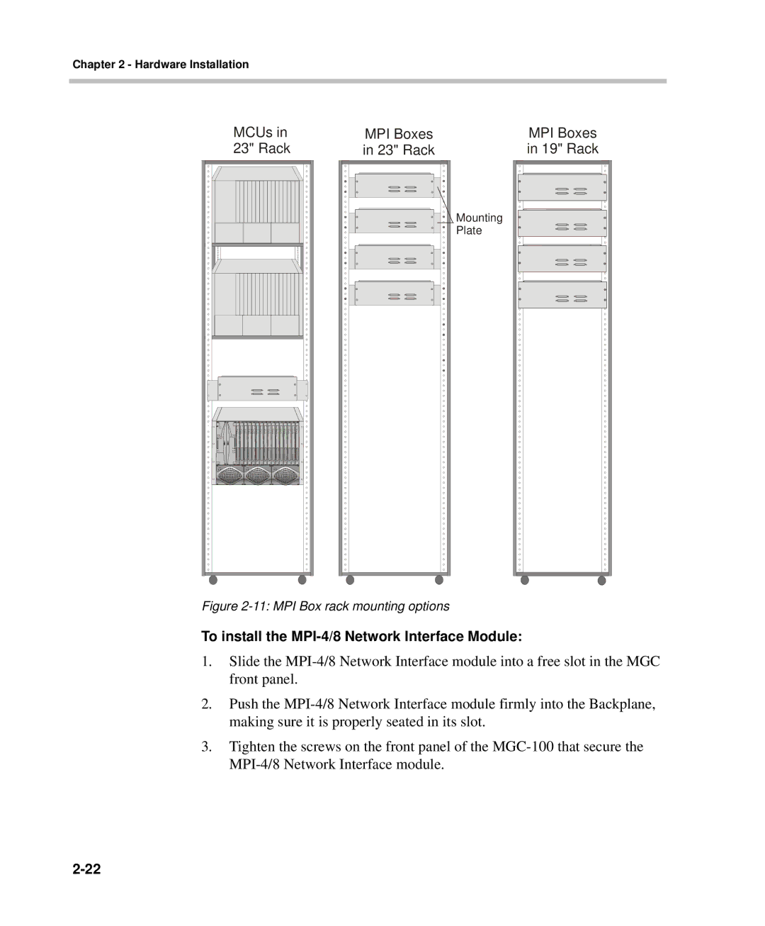 Polycom DOC2238A manual To install the MPI-4/8 Network Interface Module, MPI Box rack mounting options 