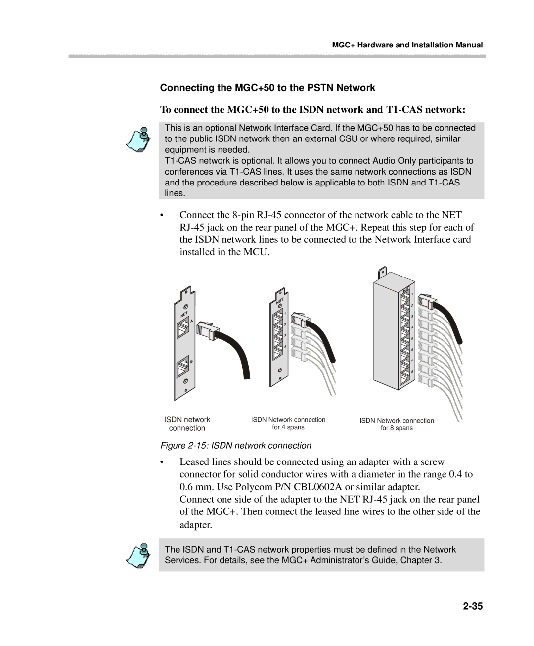 Polycom DOC2238A To connect the MGC+50 to the Isdn network and T1-CAS network, Connecting the MGC+50 to the Pstn Network 