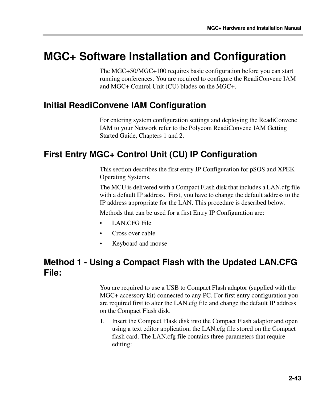 Polycom DOC2238A manual MGC+ Software Installation and Configuration, Initial ReadiConvene IAM Configuration 