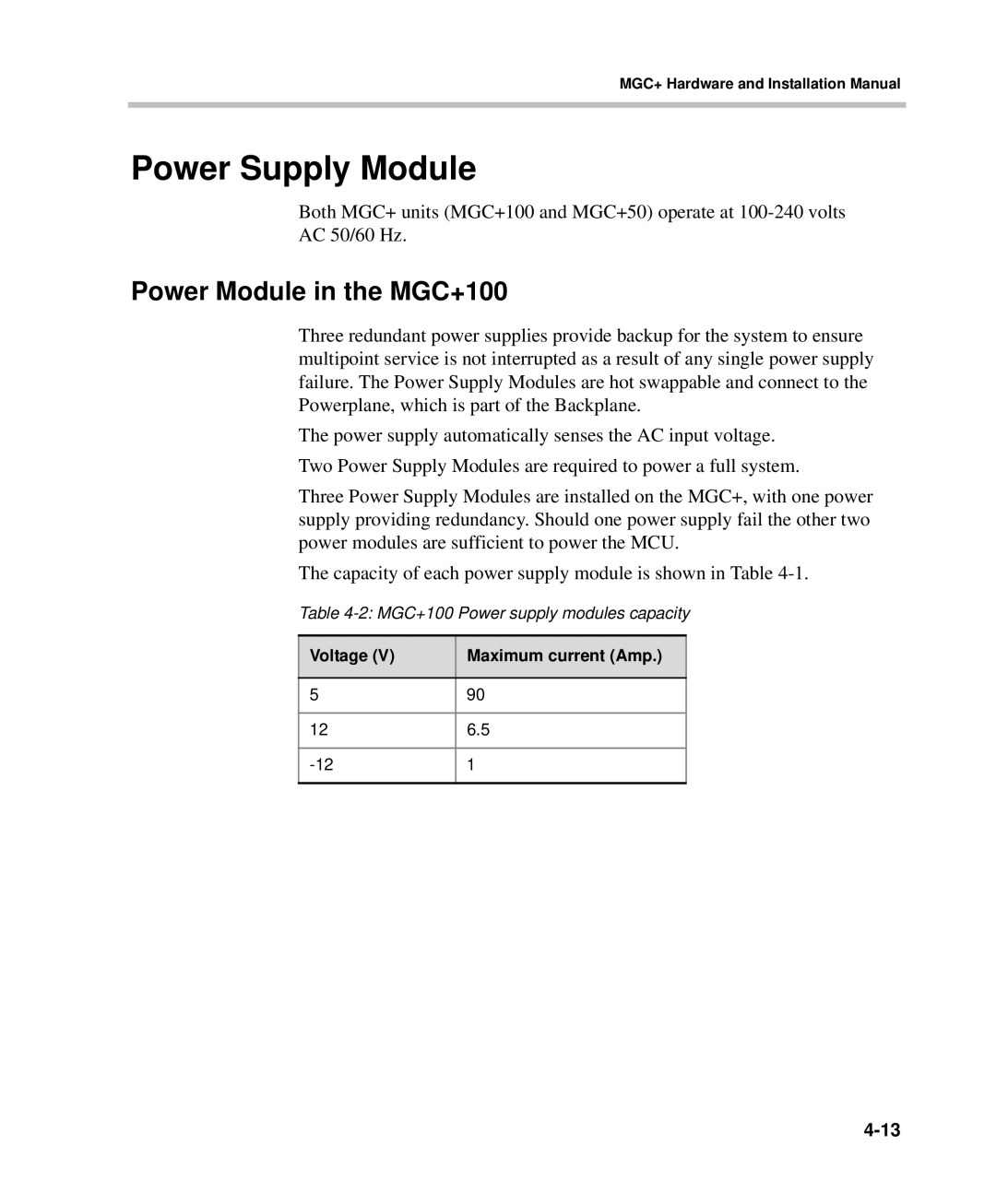 Polycom DOC2238A manual Power Supply Module, Power Module in the MGC+100, Voltage Maximum current Amp 