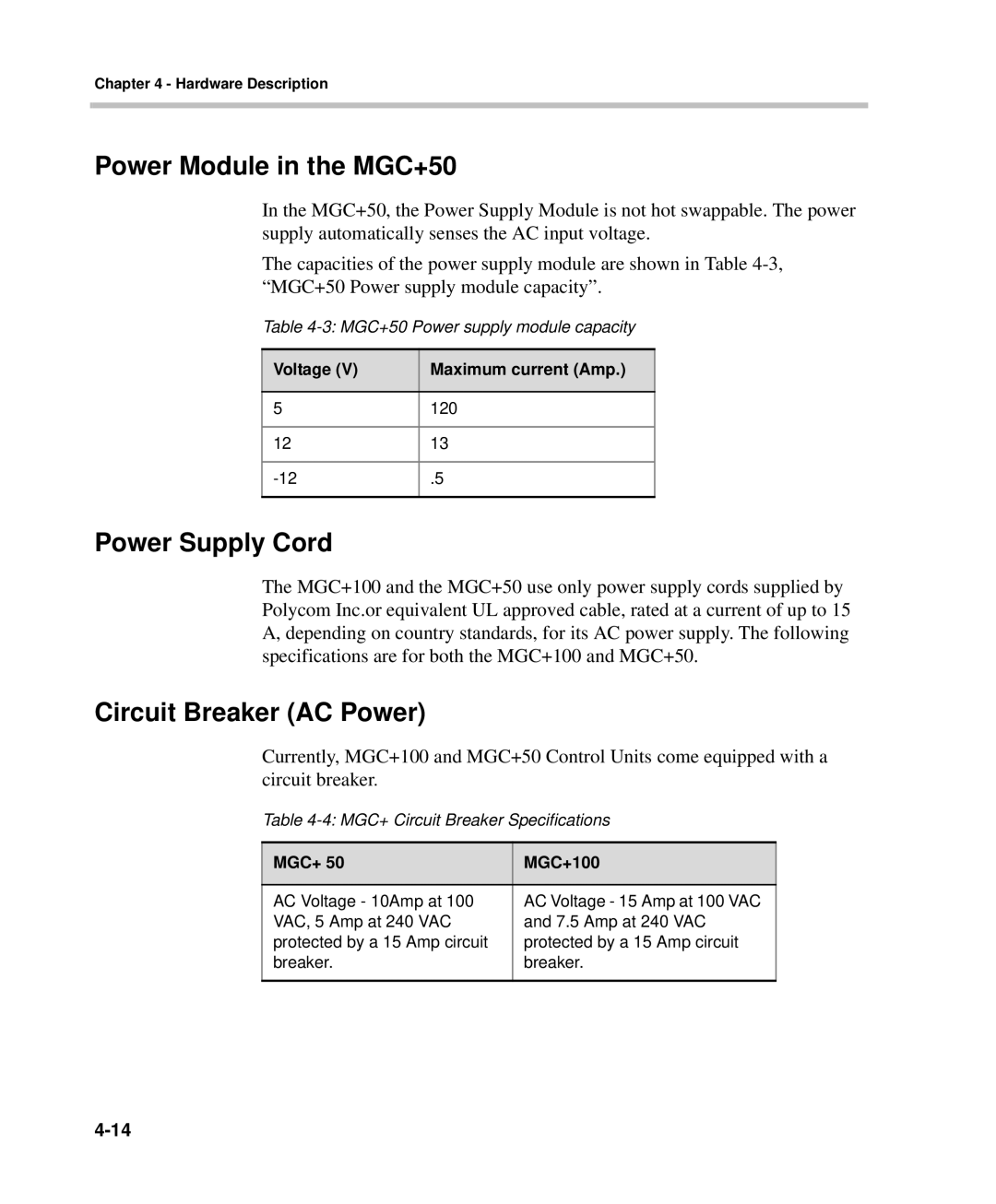 Polycom DOC2238A manual Power Module in the MGC+50, Power Supply Cord, Circuit Breaker AC Power, MGC+ MGC+100 