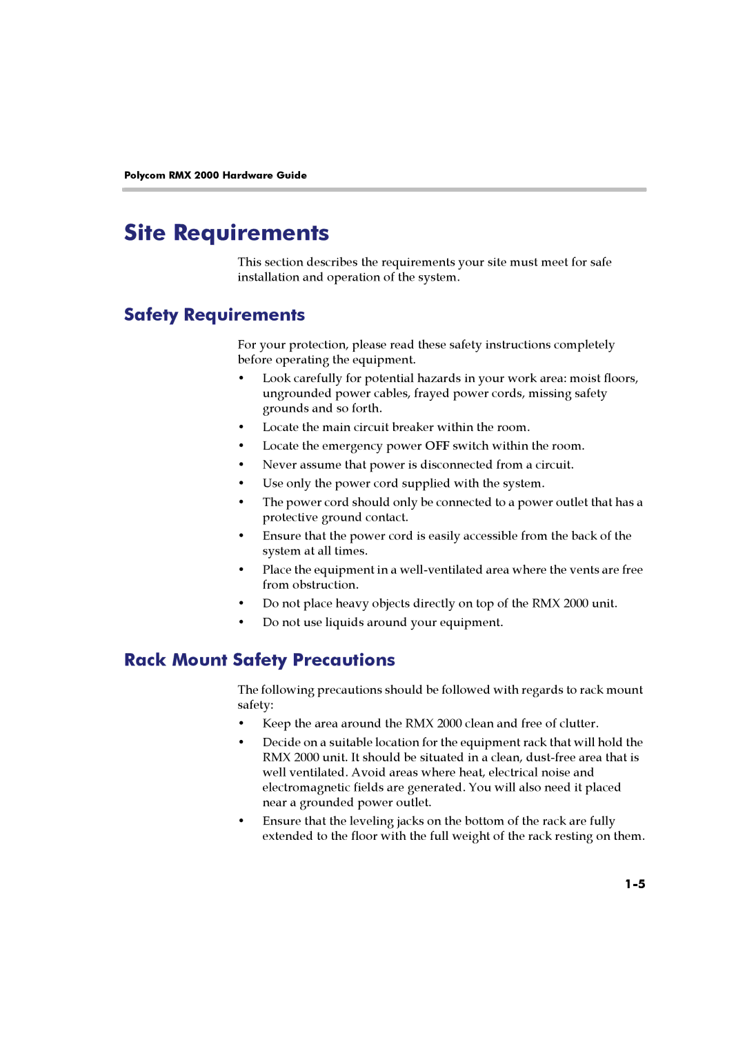 Polycom DOC2547A manual Site Requirements, Safety Requirements, Rack Mount Safety Precautions 