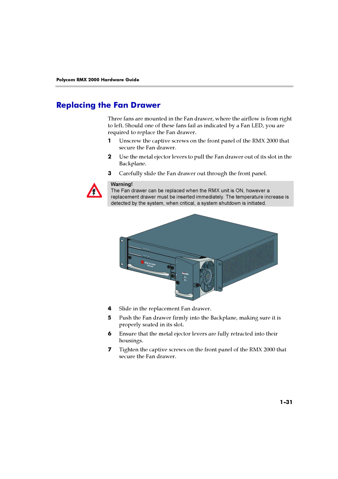 Polycom DOC2547A manual Replacing the Fan Drawer 