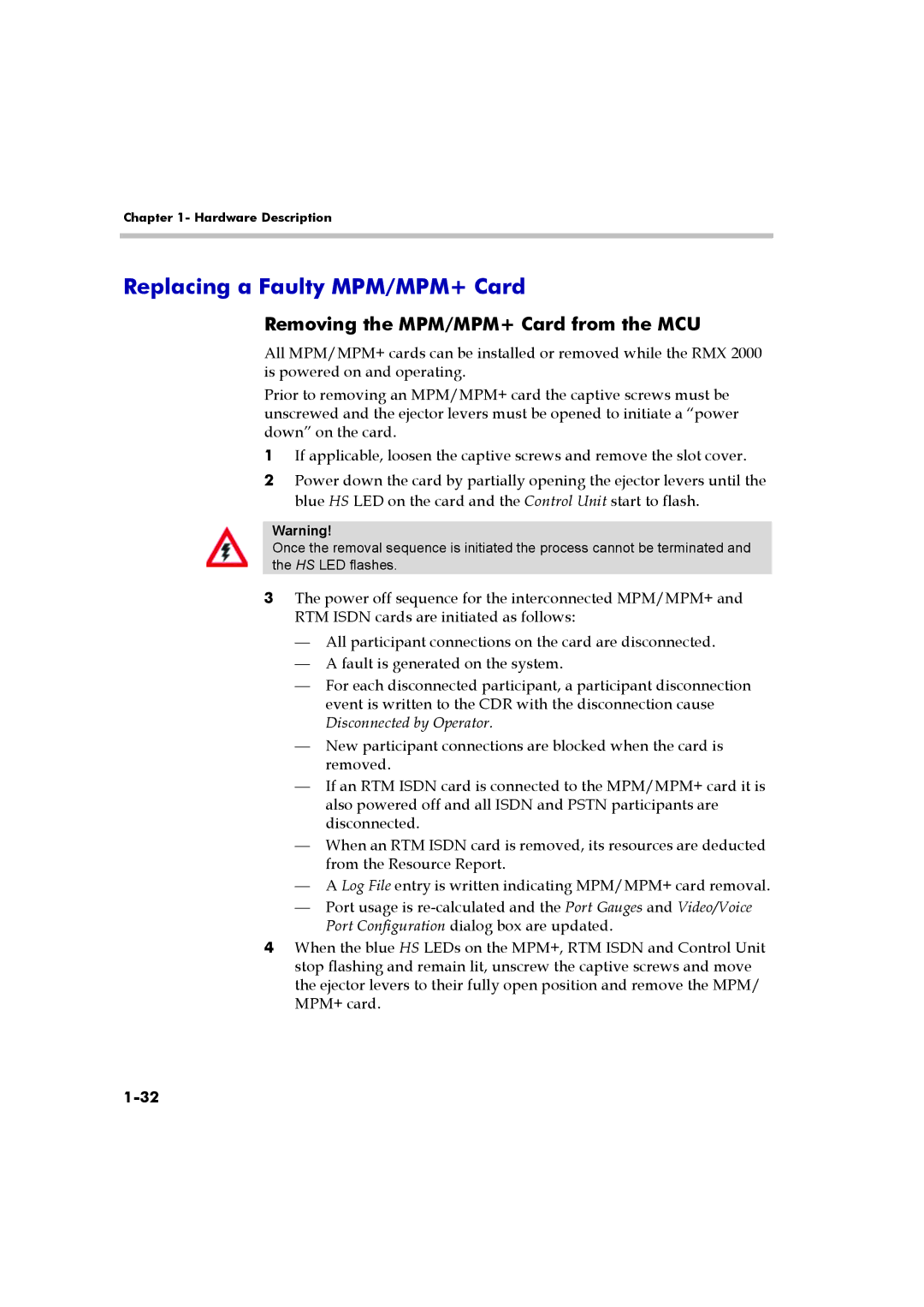 Polycom DOC2547A manual Replacing a Faulty MPM/MPM+ Card, Removing the MPM/MPM+ Card from the MCU 