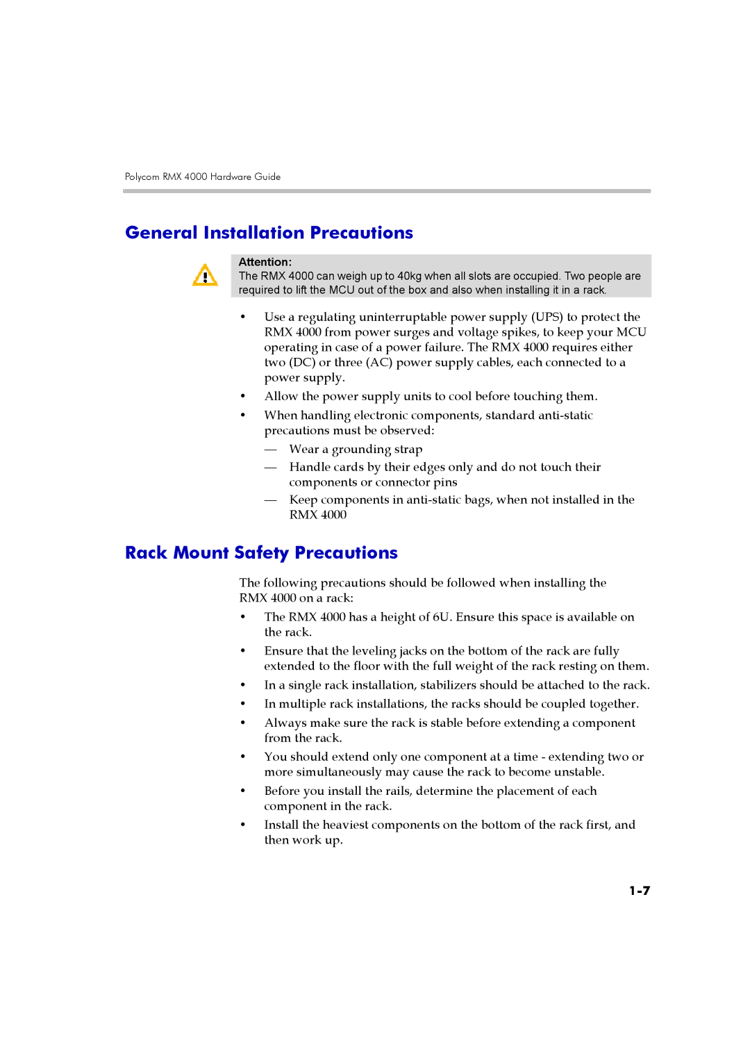 Polycom DOC2548A manual General Installation Precautions, Rack Mount Safety Precautions 