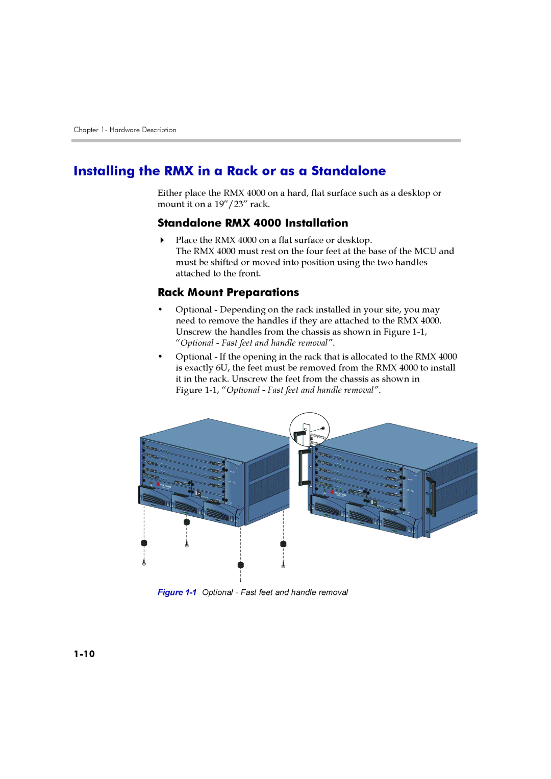 Polycom DOC2548A manual Installing the RMX in a Rack or as a Standalone, Standalone RMX 4000 Installation 