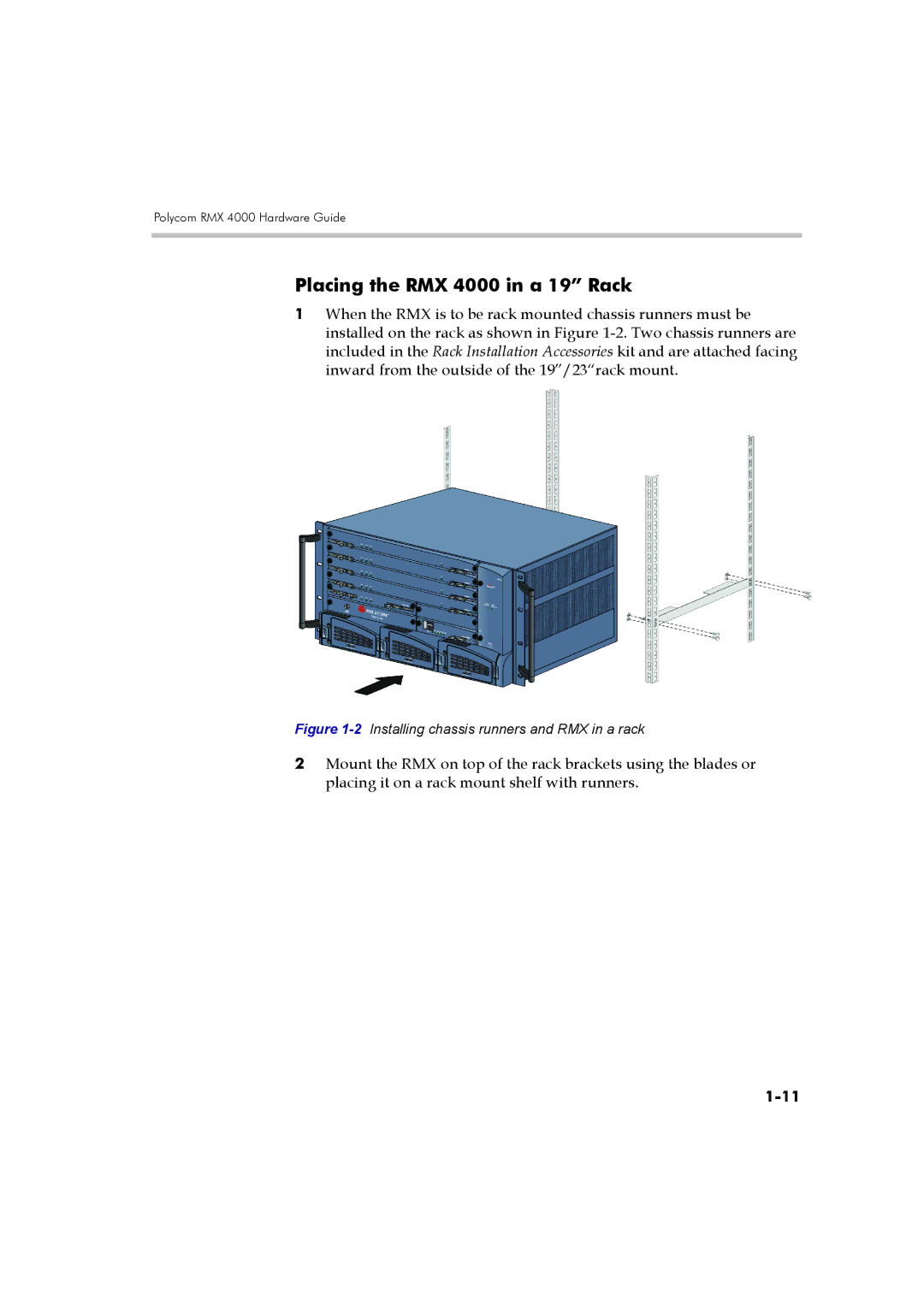 Polycom DOC2548A manual Placing the RMX 4000 in a 19 Rack, 2Installing chassis runners and RMX in a rack 