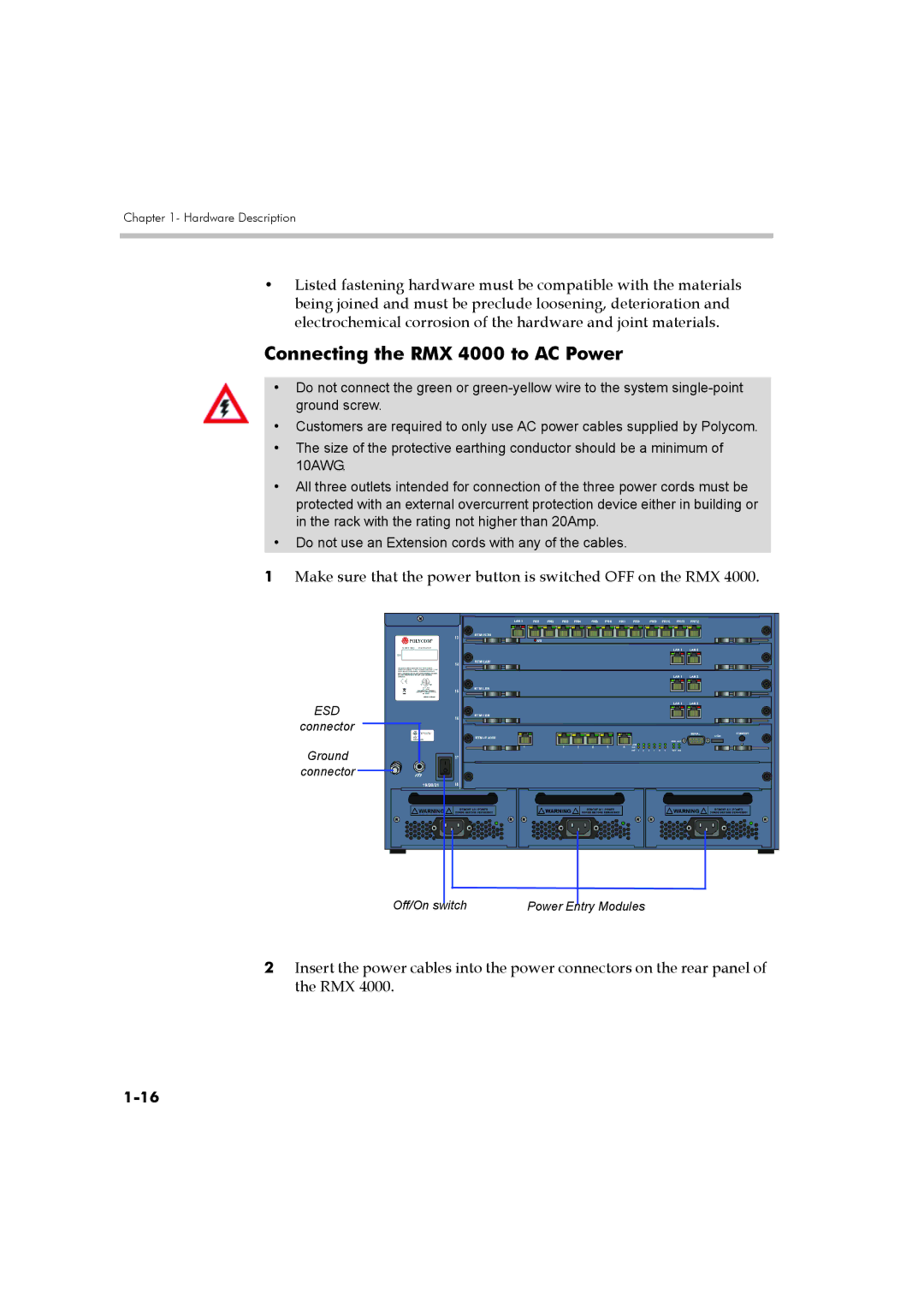 Polycom DOC2548A manual Connecting the RMX 4000 to AC Power, Make sure that the power button is switched OFF on the RMX 