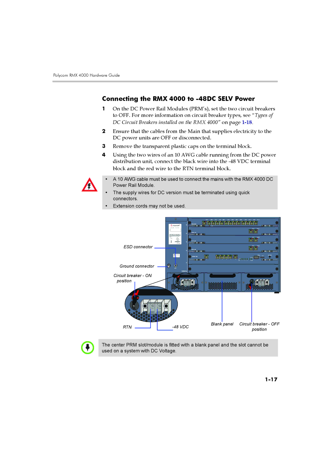 Polycom DOC2548A manual Connecting the RMX 4000 to -48DC Selv Power 