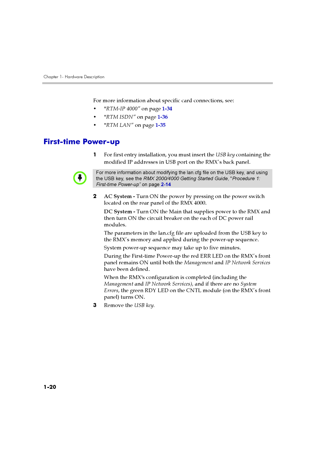 Polycom DOC2548A manual First-time Power-up, For more information about specific card connections, see, RTM LAN on 