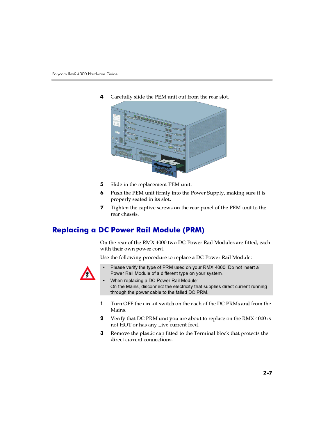 Polycom DOC2548A manual Replacing a DC Power Rail Module PRM 