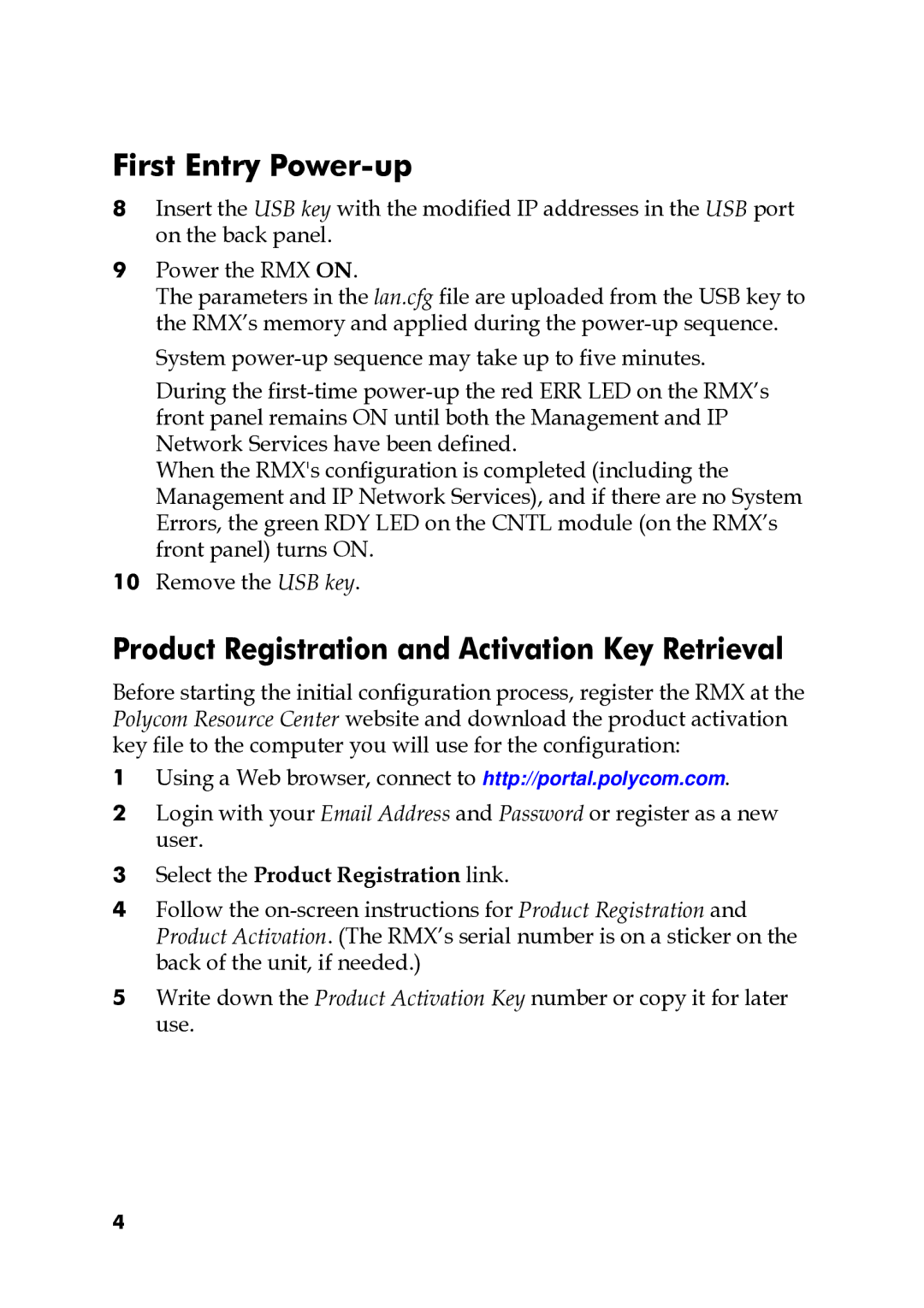 Polycom DOC2551A manual First Entry Power-up, Product Registration and Activation Key Retrieval 