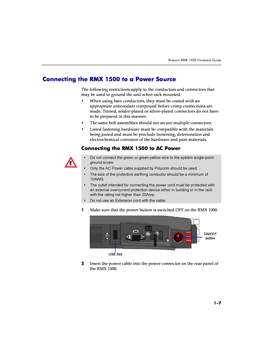 Polycom DOC2557A manual Connecting the RMX 1500 to a Power Source, Connecting the RMX 1500 to AC Power 
