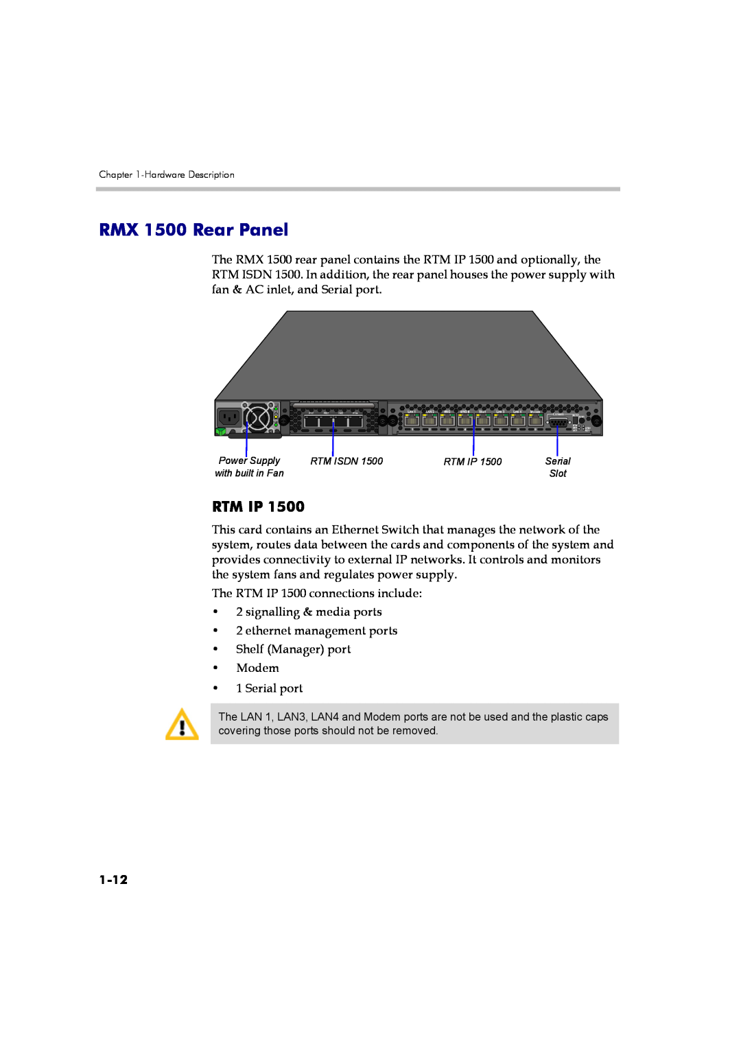 Polycom DOC2557A manual RMX 1500 Rear Panel, Rtm Ip, 1-12 