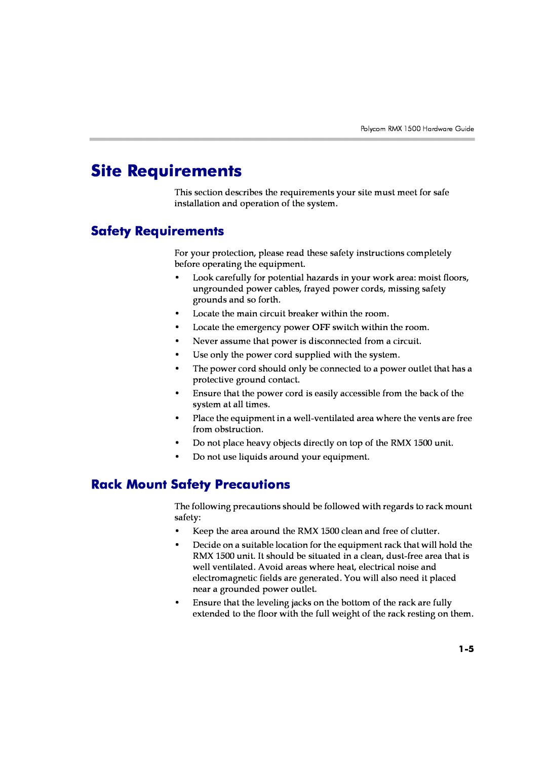 Polycom DOC2557A manual Site Requirements, Safety Requirements, Rack Mount Safety Precautions 