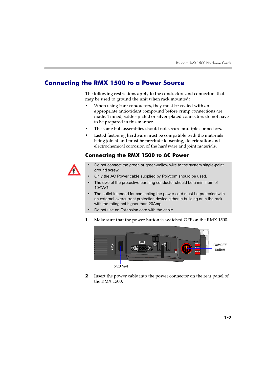 Polycom DOC2557A manual Connecting the RMX 1500 to a Power Source, Connecting the RMX 1500 to AC Power 