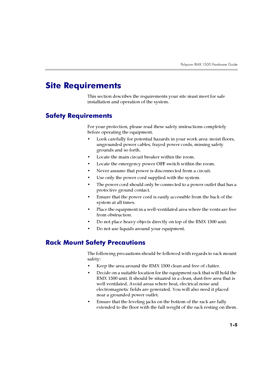 Polycom DOC2557A manual Site Requirements, Safety Requirements, Rack Mount Safety Precautions 