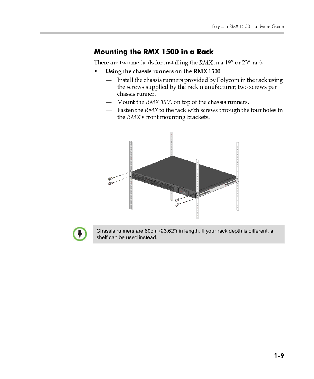 Polycom DOC2557C manual Mounting the RMX 1500 in a Rack, Using the chassis runners on the RMX 