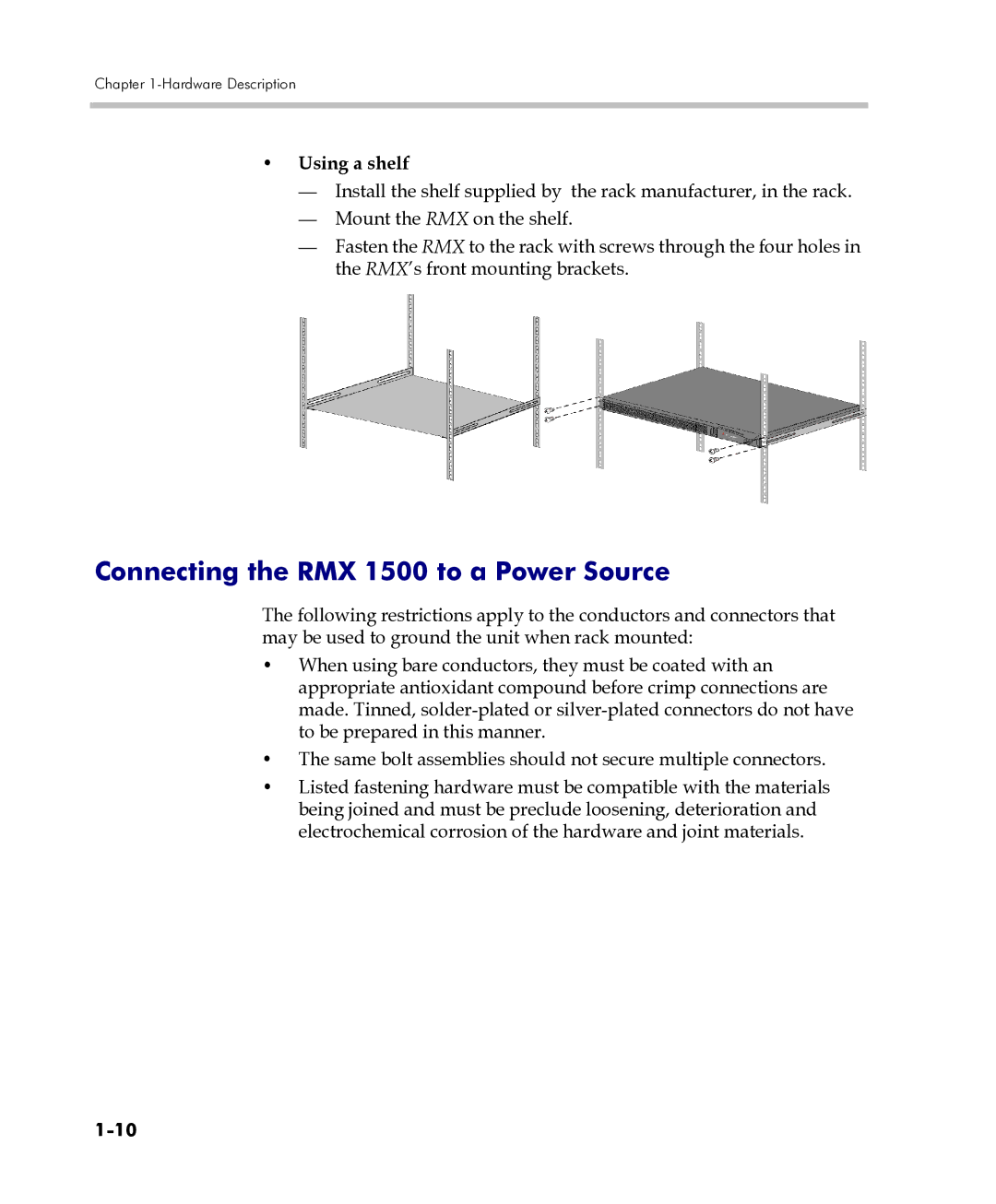 Polycom DOC2557C manual Connecting the RMX 1500 to a Power Source, Using a shelf 