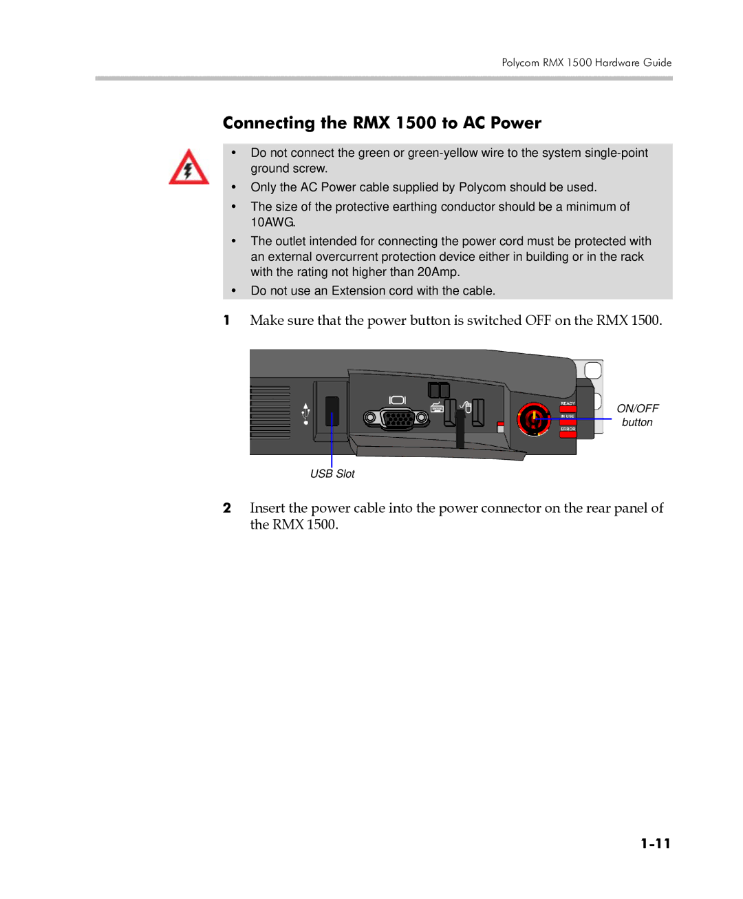 Polycom DOC2557C manual Connecting the RMX 1500 to AC Power, Make sure that the power button is switched OFF on the RMX 