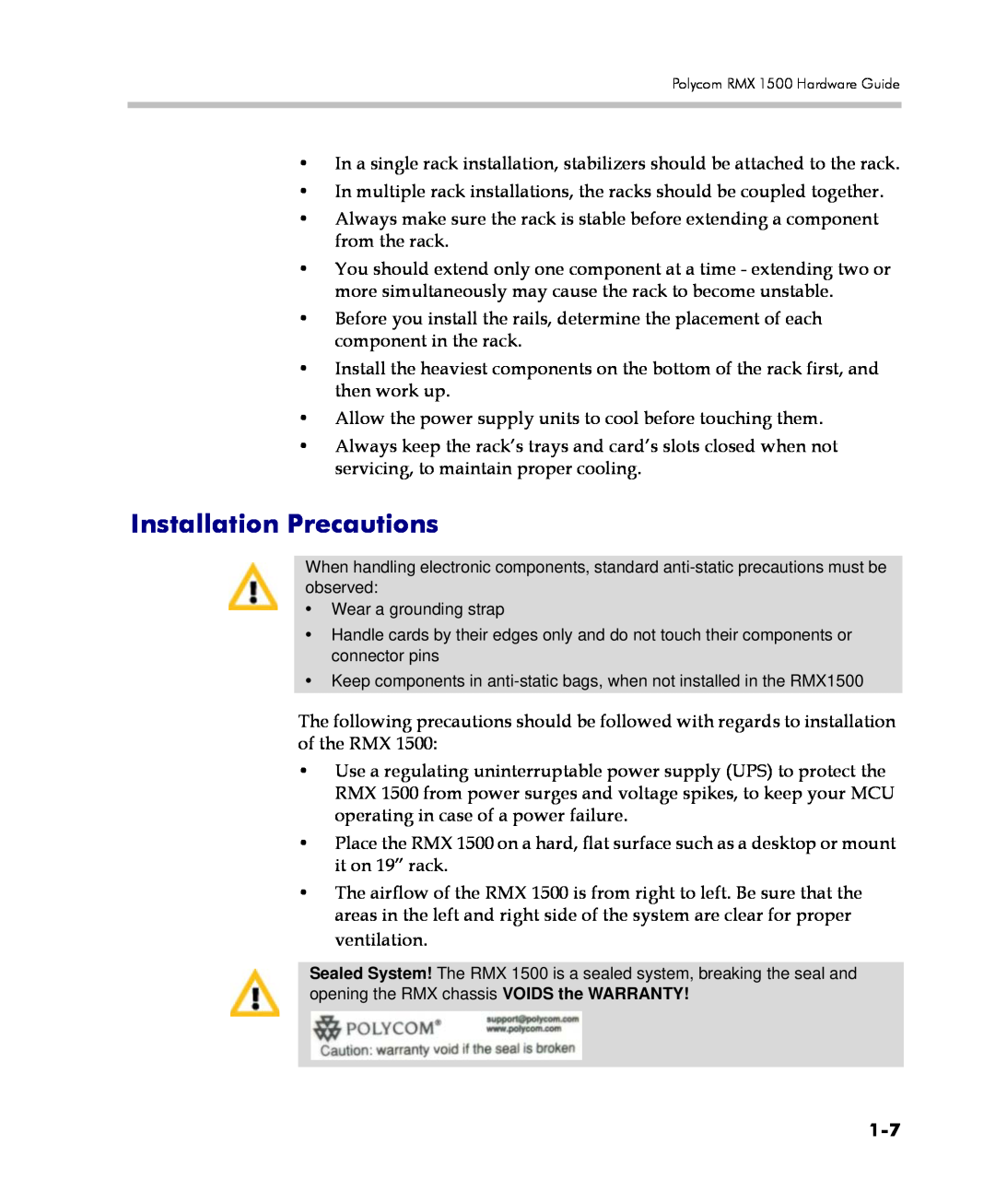 Polycom DOC2557C manual Installation Precautions 