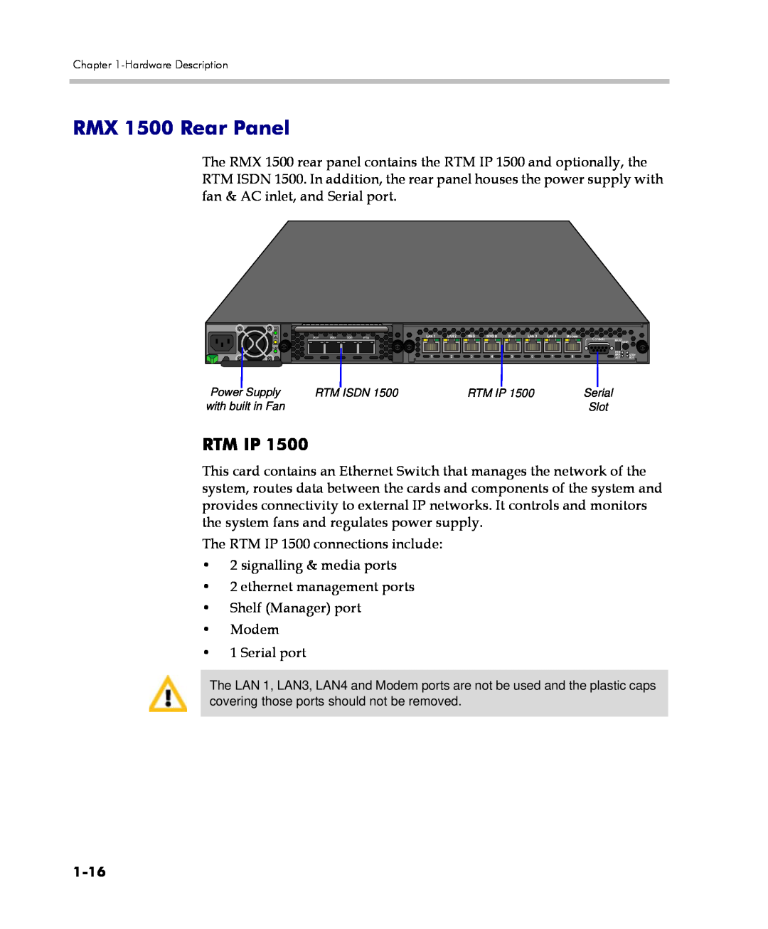 Polycom DOC2557C manual RMX 1500 Rear Panel, Rtm Ip, 1-16 