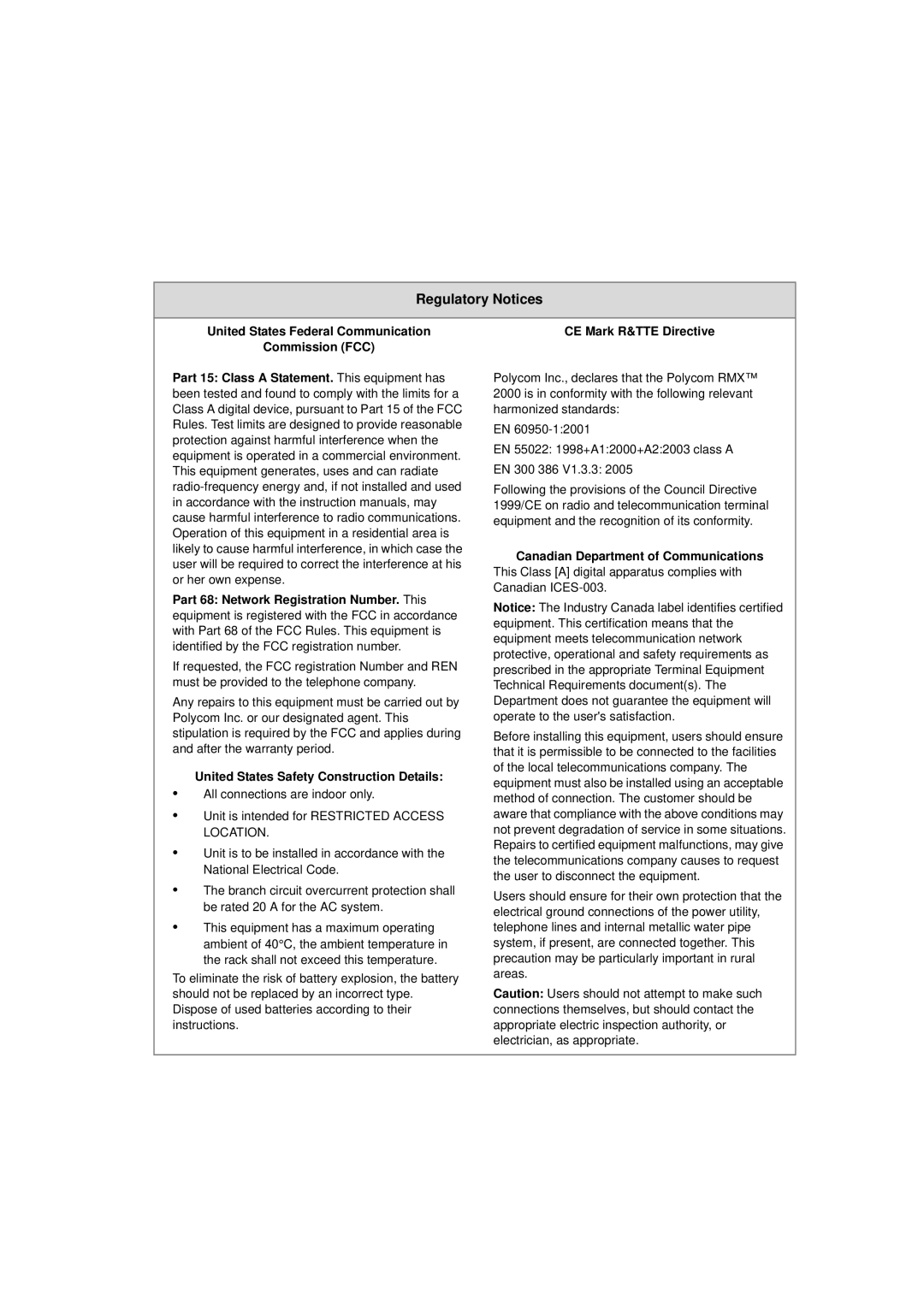 Polycom DOC2558A manual Regulatory Notices, United States Federal Communication Commission FCC 