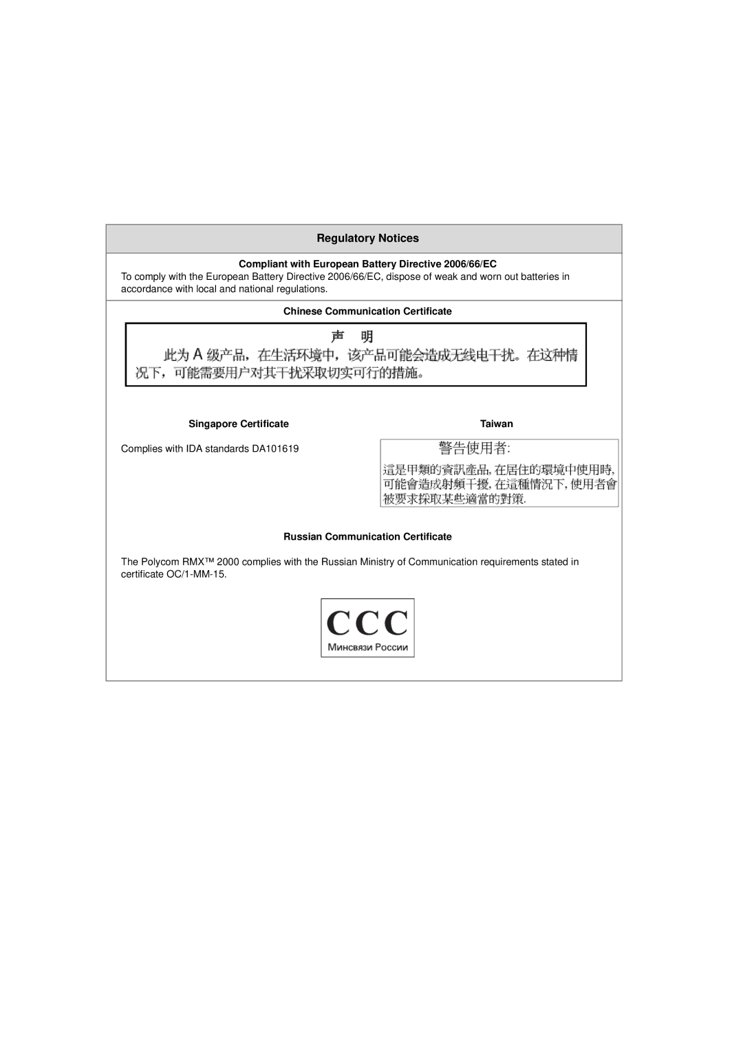 Polycom DOC2558A manual Chinese Communication Certificate Singapore Certificate 