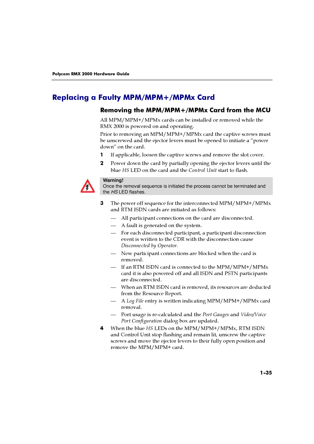 Polycom DOC2558A manual Replacing a Faulty MPM/MPM+/MPMx Card, Removing the MPM/MPM+/MPMx Card from the MCU 