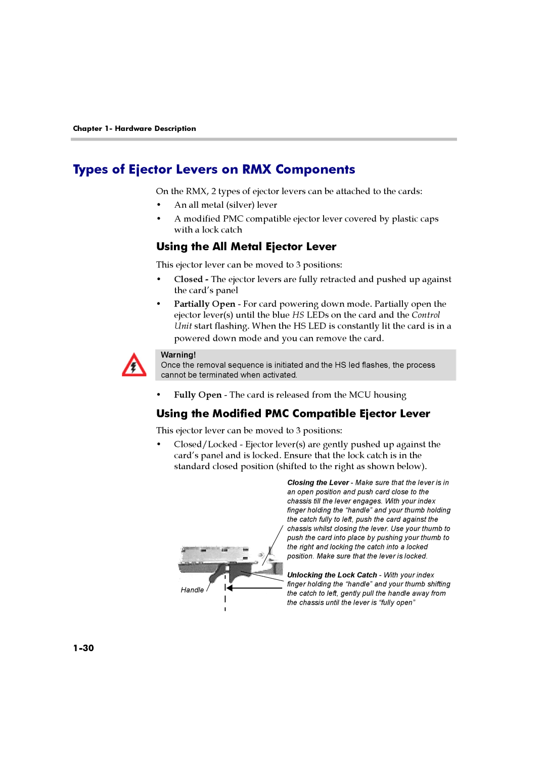 Polycom DOC2558B manual Types of Ejector Levers on RMX Components, Using the All Metal Ejector Lever 