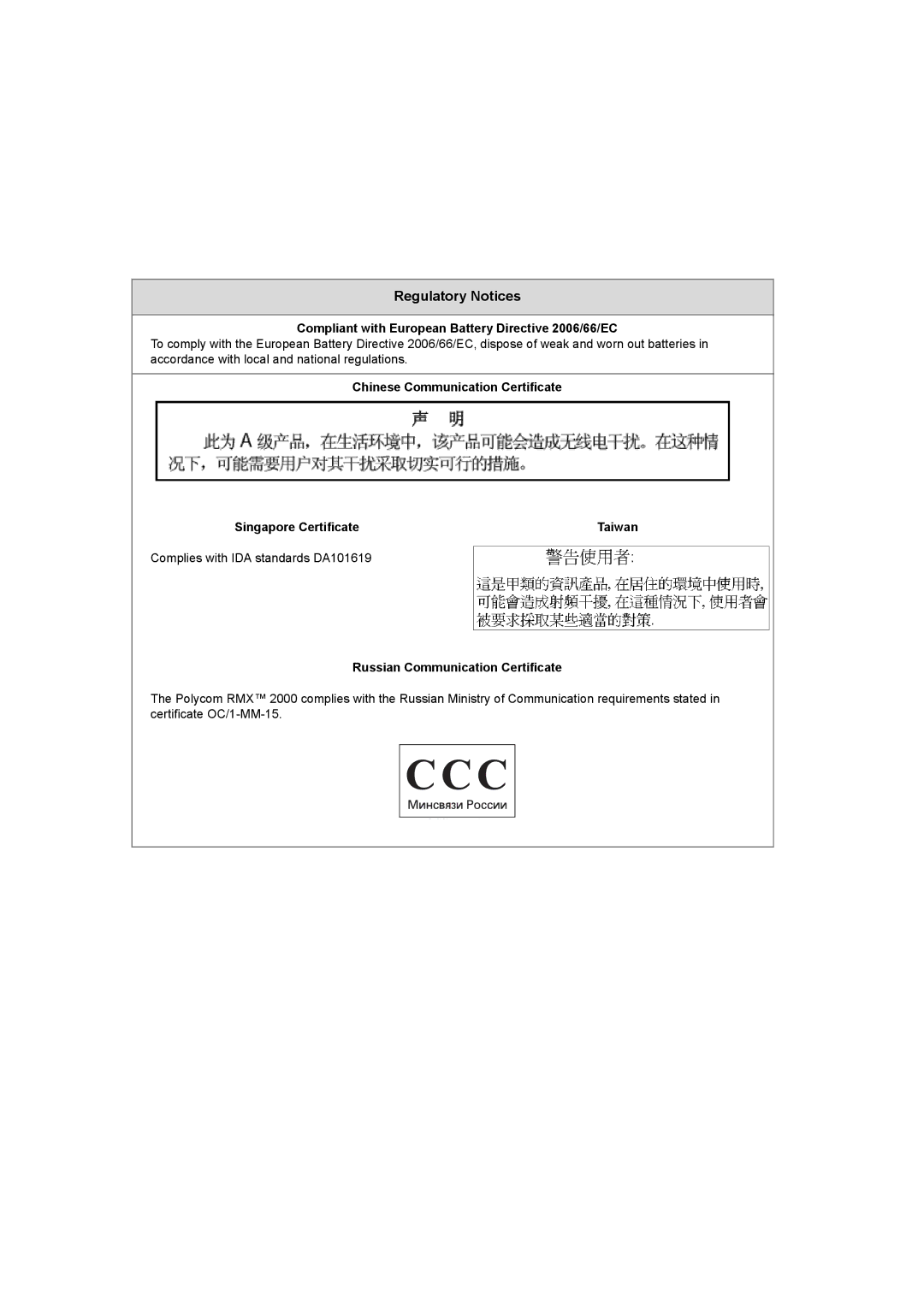 Polycom DOC2558B manual Chinese Communication Certificate Singapore Certificate 