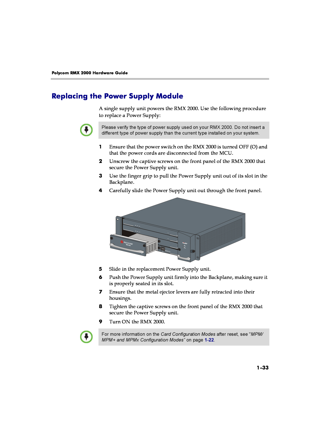 Polycom DOC2558B manual Replacing the Power Supply Module, 1-33 