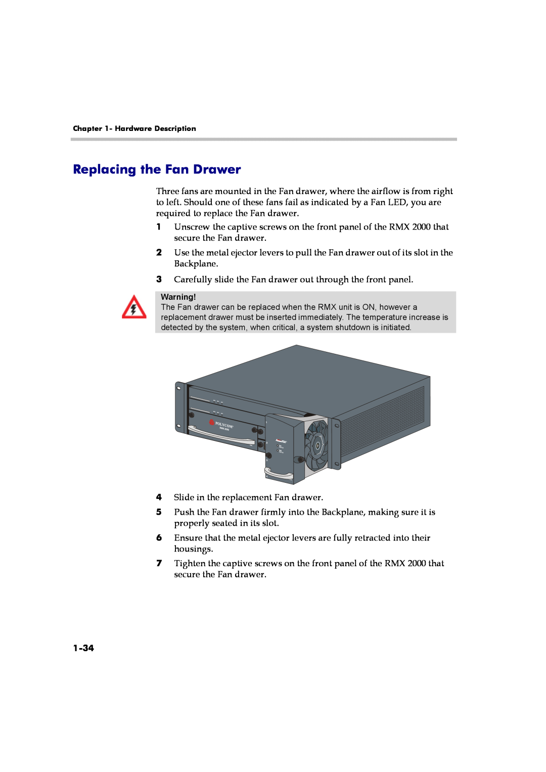 Polycom DOC2558B manual Replacing the Fan Drawer, 1-34 