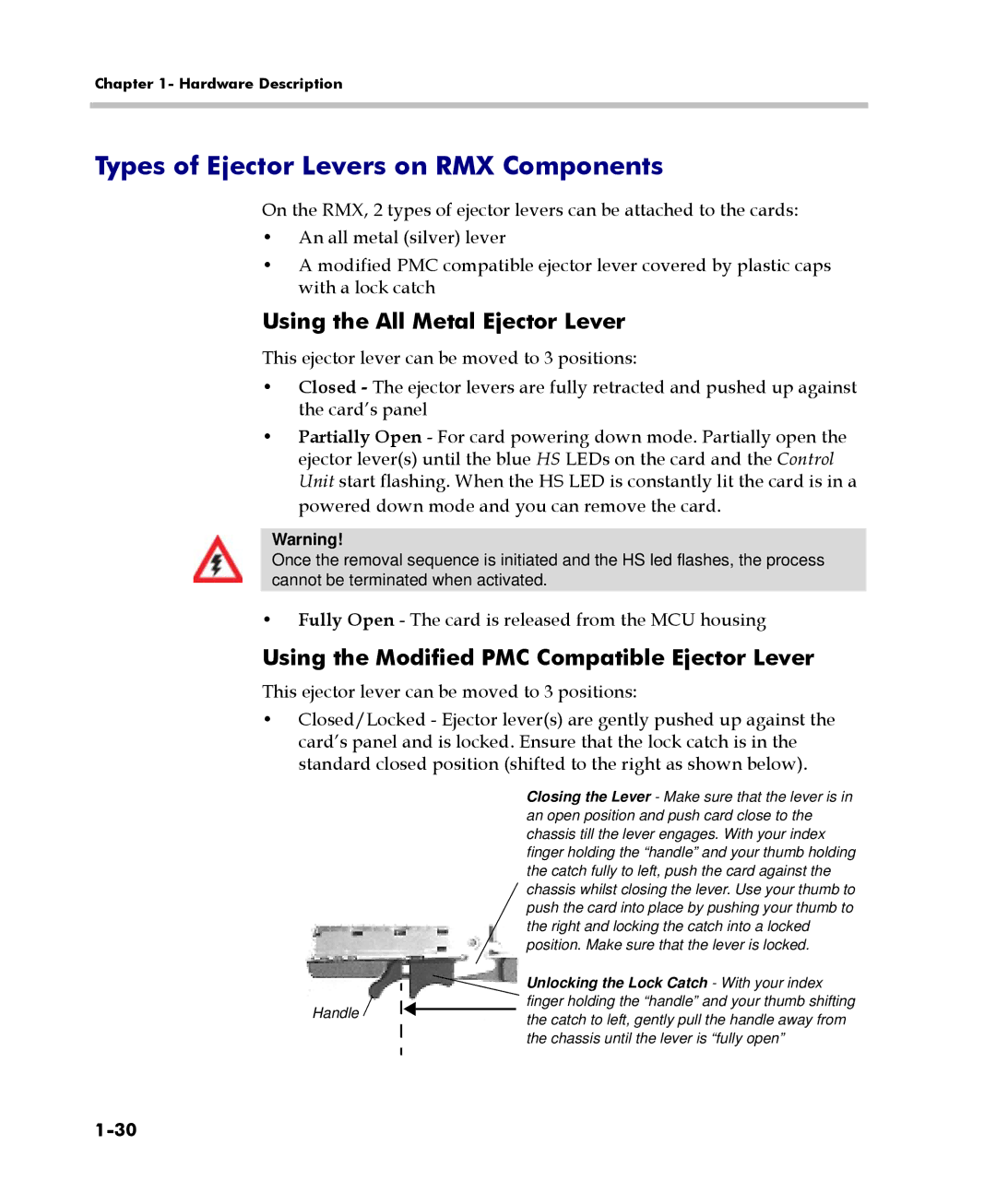 Polycom DOC2558C manual Types of Ejector Levers on RMX Components, Fully Open The card is released from the MCU housing 