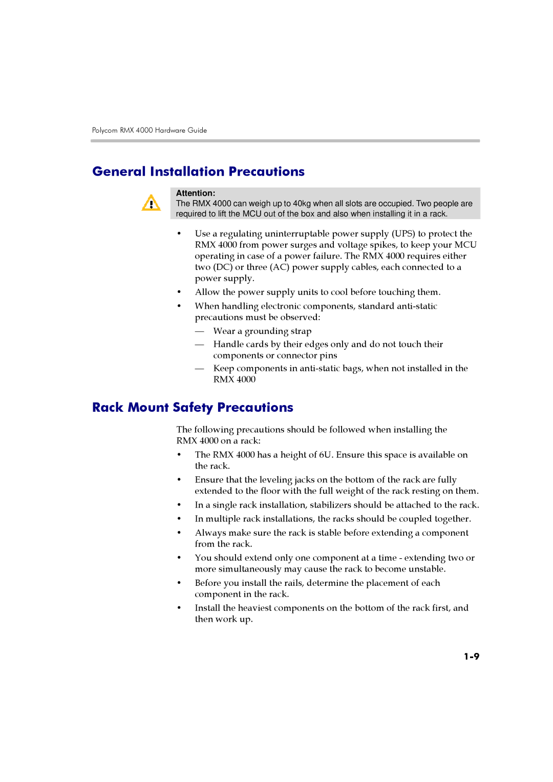 Polycom DOC2559A manual General Installation Precautions, Rack Mount Safety Precautions 