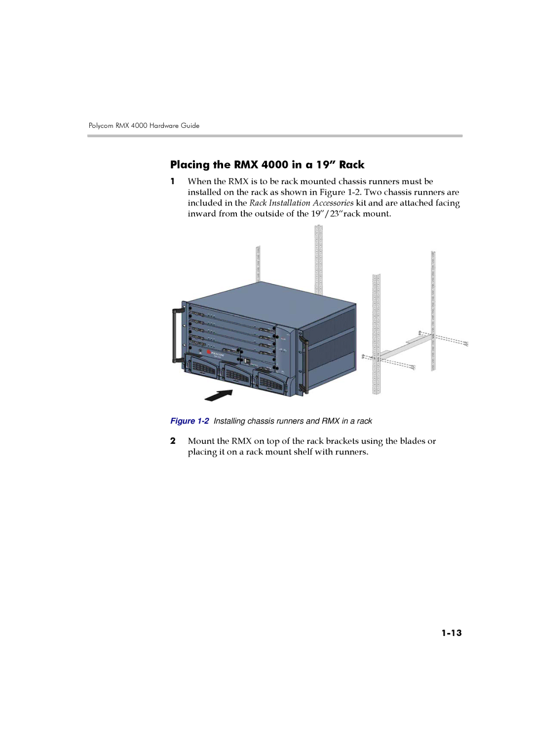 Polycom DOC2559A manual Placing the RMX 4000 in a 19 Rack, 2Installing chassis runners and RMX in a rack 