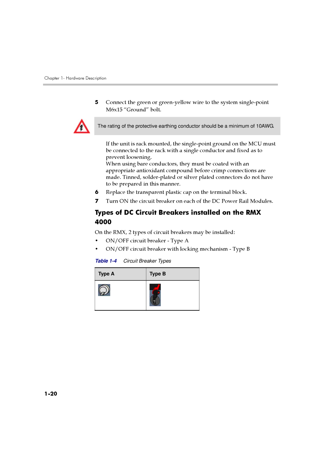 Polycom DOC2559A manual Types of DC Circuit Breakers installed on the RMX 