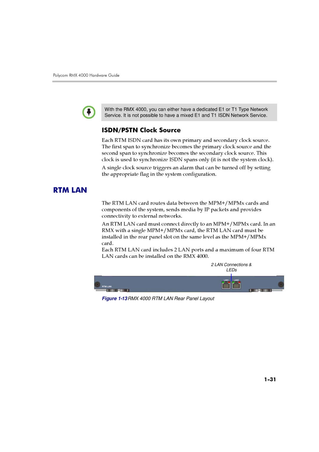 Polycom DOC2559A manual Rtm Lan, ISDN/PSTN Clock Source 