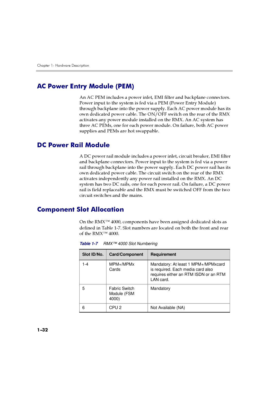 Polycom DOC2559A manual AC Power Entry Module PEM, DC Power Rail Module, Component Slot Allocation 