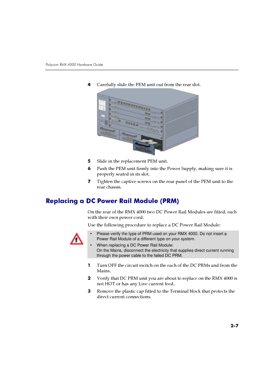 Polycom DOC2559A manual Replacing a DC Power Rail Module PRM 