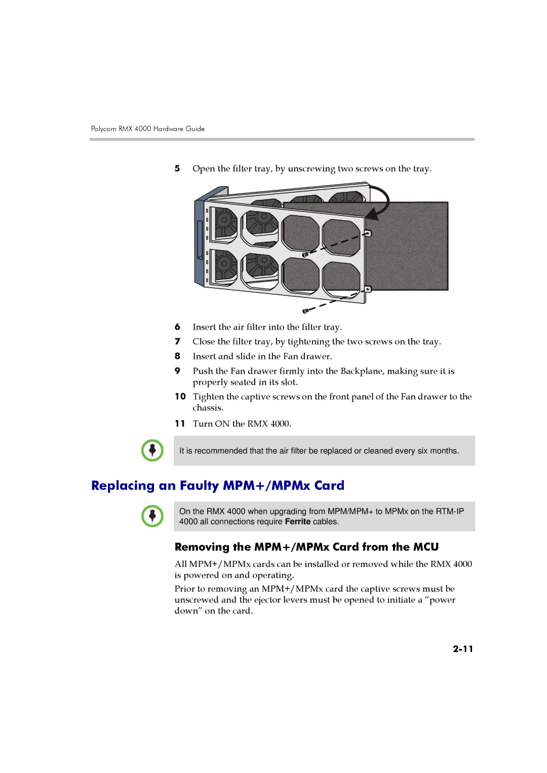 Polycom DOC2559A manual Replacing an Faulty MPM+/MPMx Card, Removing the MPM+/MPMx Card from the MCU 