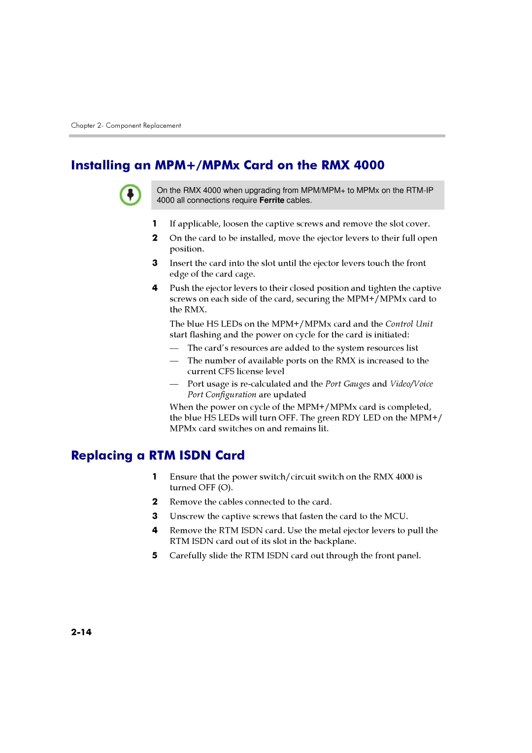 Polycom DOC2559A manual Installing an MPM+/MPMx Card on the RMX, Replacing a RTM Isdn Card 