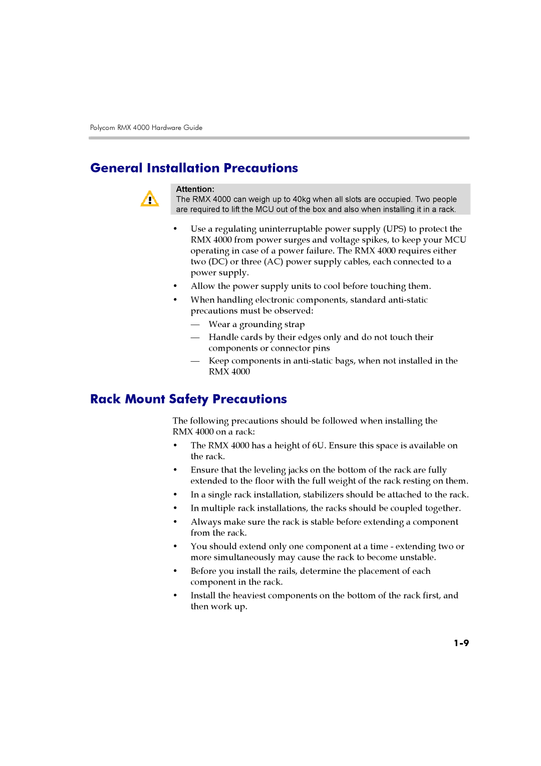 Polycom DOC2559B manual General Installation Precautions, Rack Mount Safety Precautions 