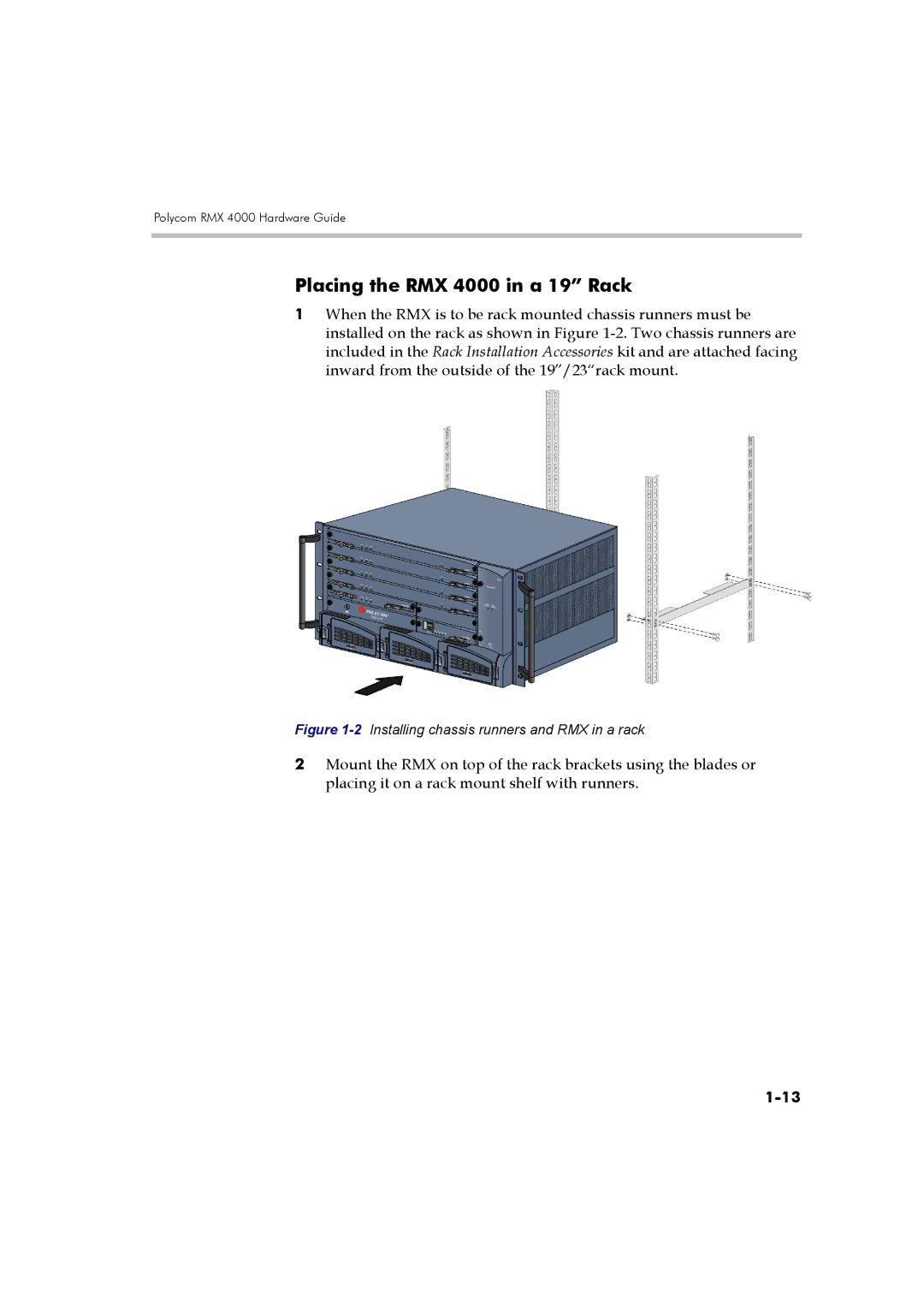 Polycom DOC2559B manual Placing the RMX 4000 in a 19 Rack, 2Installing chassis runners and RMX in a rack 