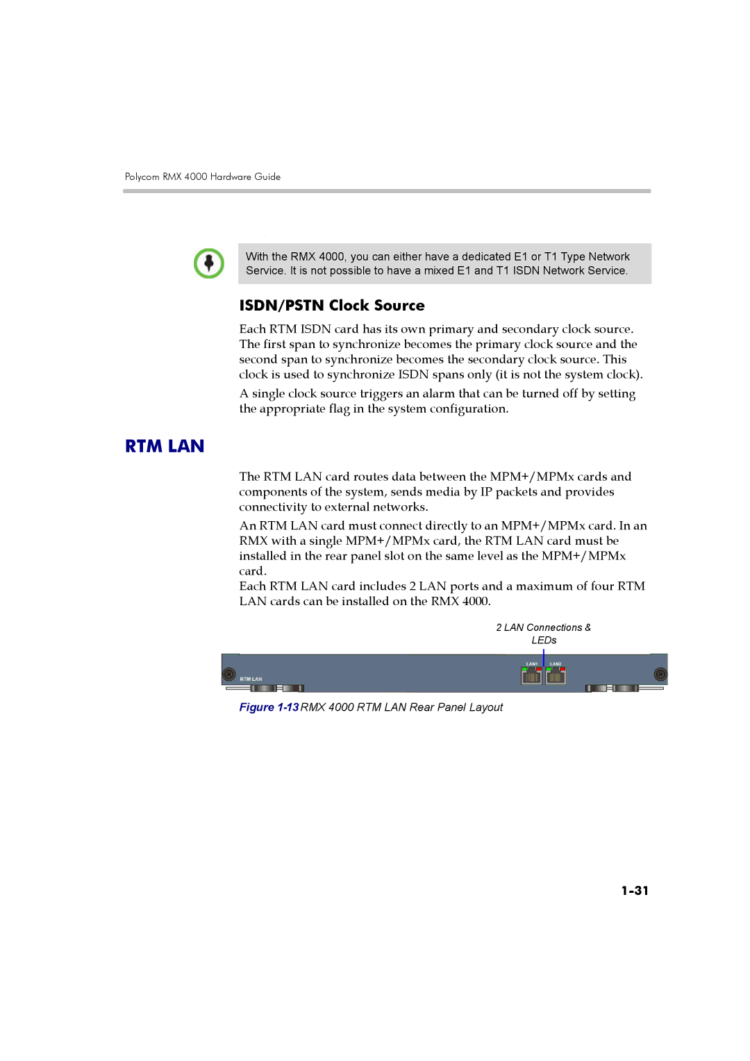 Polycom DOC2559B manual Rtm Lan, ISDN/PSTN Clock Source 