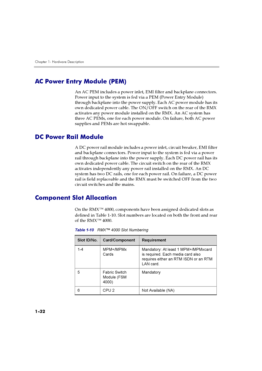 Polycom DOC2559B manual AC Power Entry Module PEM, DC Power Rail Module, Component Slot Allocation 